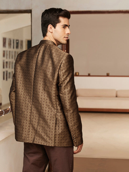 Men Brown Ethnic Motifs Embroidered Bandhgala Jashn Party Blazer