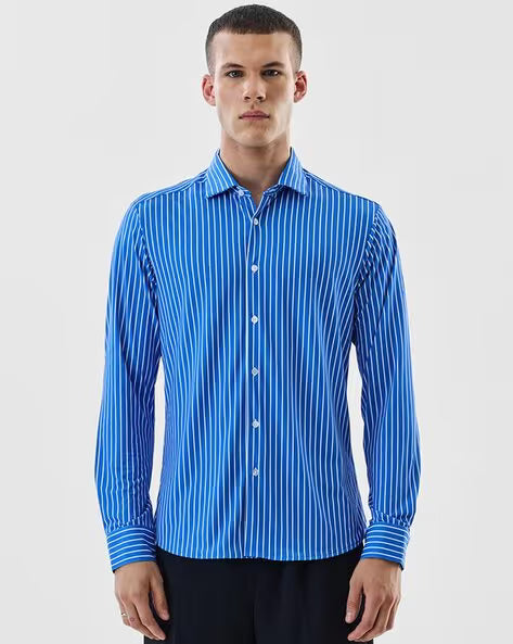 Men Striped Slim Fit Shirt with Spread Collar