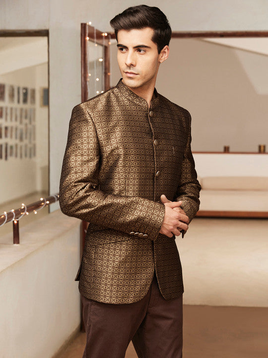 Men Brown Ethnic Motifs Embroidered Bandhgala Jashn Party Blazer