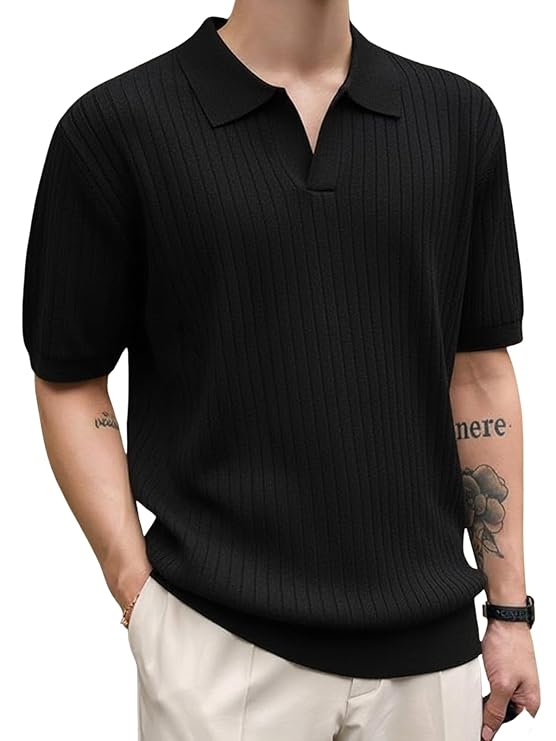Veirdo® Men’s Casual Ribbed Polo Collar Knit T-Shirt
