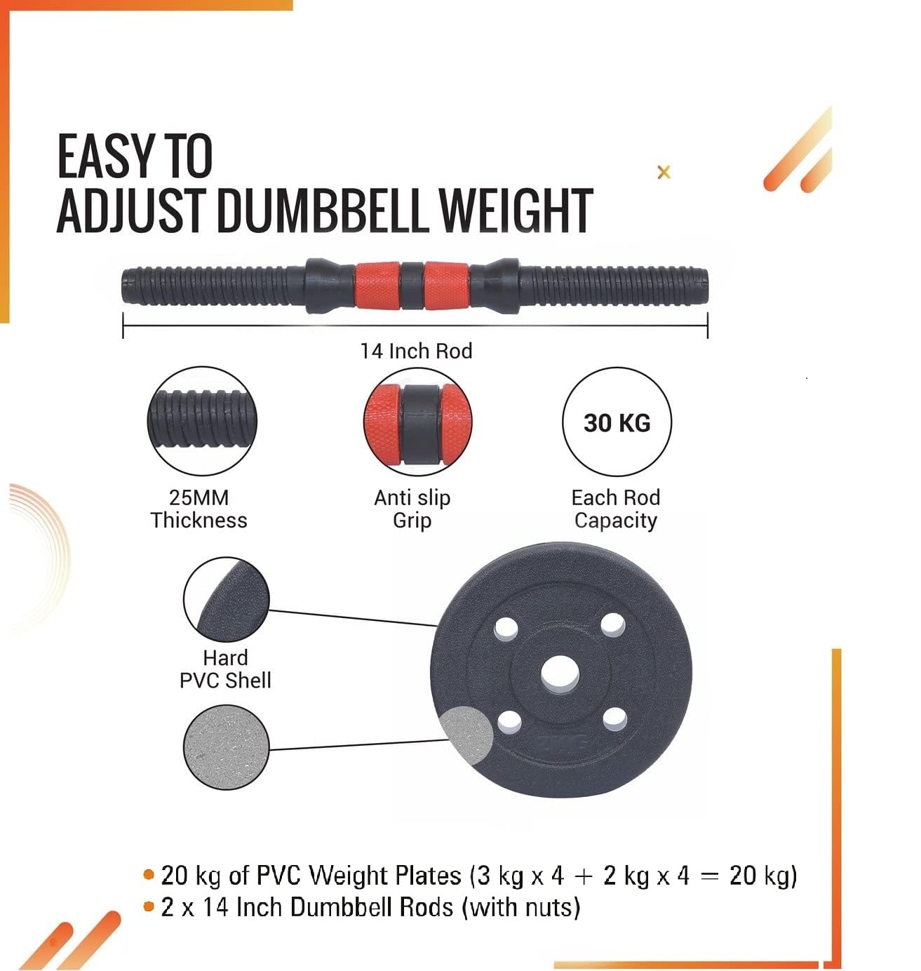 FitBox Sports Intruder 20 Kg Adjustable PVC Dumbbells Weights With Dumbbells Rods For Home Gym & Strength Training, 10 Kg X 2 (Black)