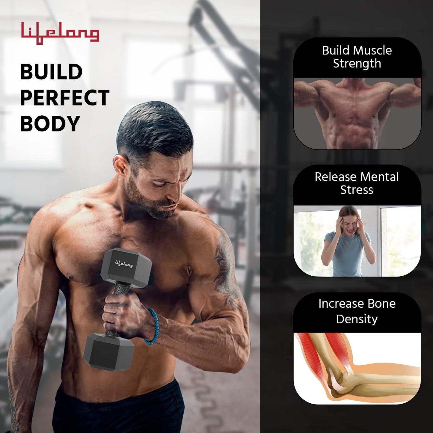 Lifelong PVC Hex Dumbbells Pack of 2 (3kg*2) for Home Gym Equipment Fitness Barbell