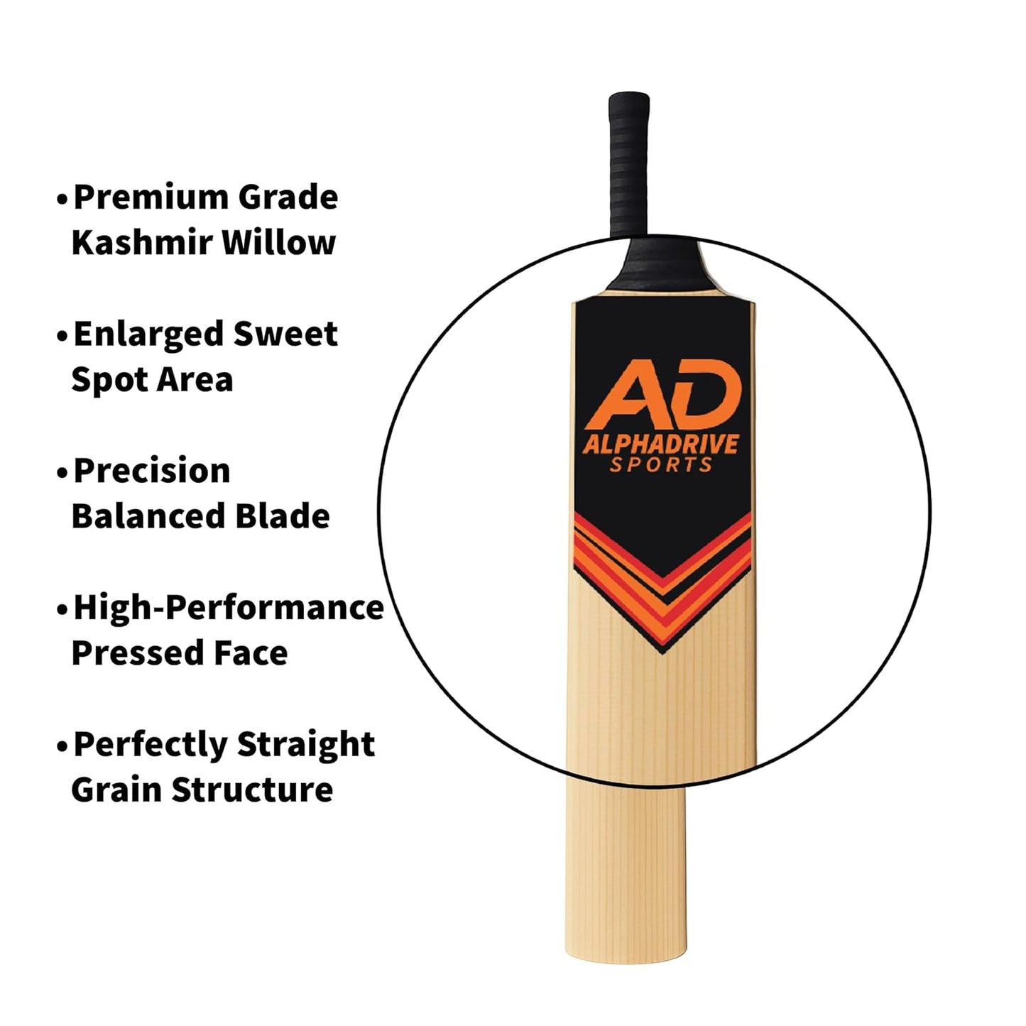 AlphaDrive Classic Kashmir Willow Cricket Bat for Adults & Teens | Full Cane Handle | for Leather & Tennis Ball Play | Durable & Balanced Kashmir Willow Bat (Standard)