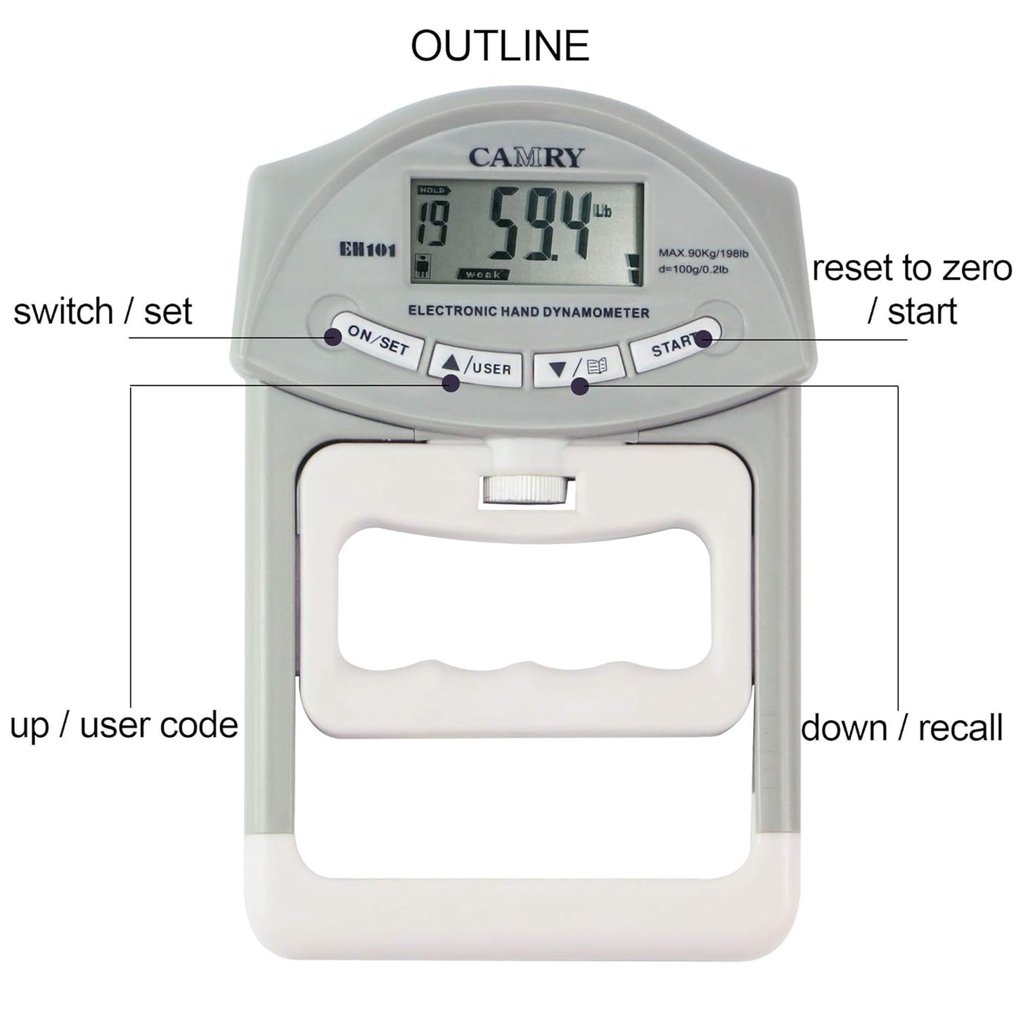 Camry Baseline Camry 200 Lbs / 90 Kgs Digital Hand Dynamometer Grip Strength Measurement Meter Auto Capturing Hand Grip Power Hand Strengtheners - Gray, Plastic