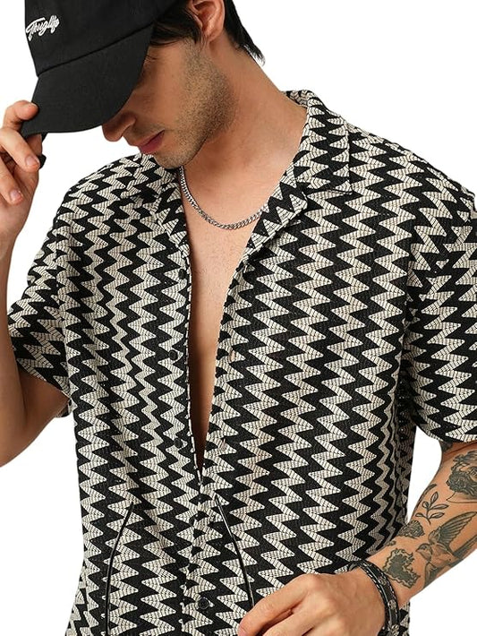 VASTRADO Mens Zig-Zag Crochet Oversized Notch Collar Shirt