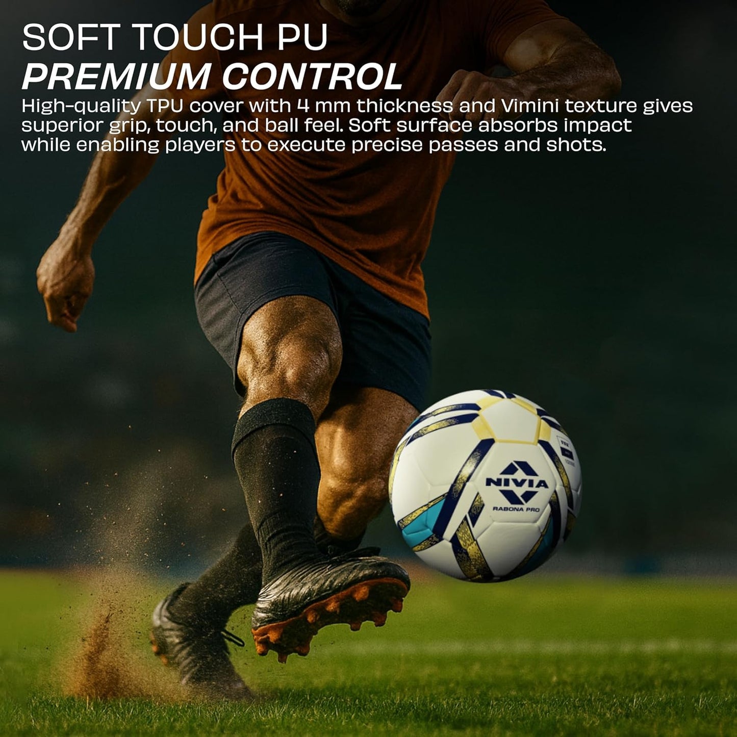 Nivia Rabona Pro Football, 32 Panel, Glossy TPU Stitched, Suitable for Soft & Dry Ground, Hard Ground with Grass & Artificial Turf, International Match Ball (White, Size - 5)