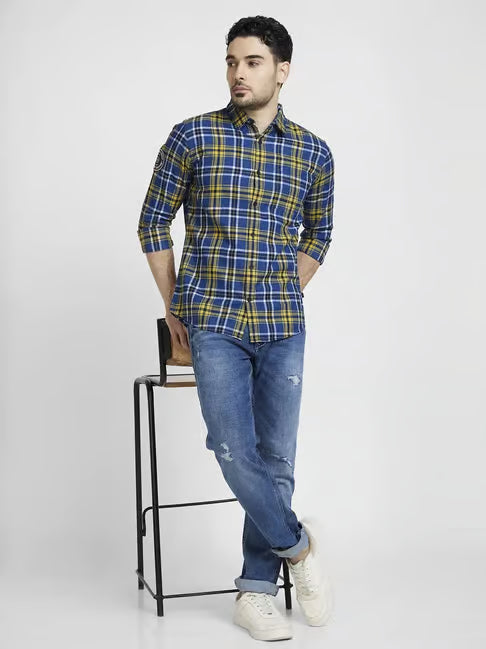 Spykar Amber Yellow Cotton Regular Slim Fit Checks Shirt